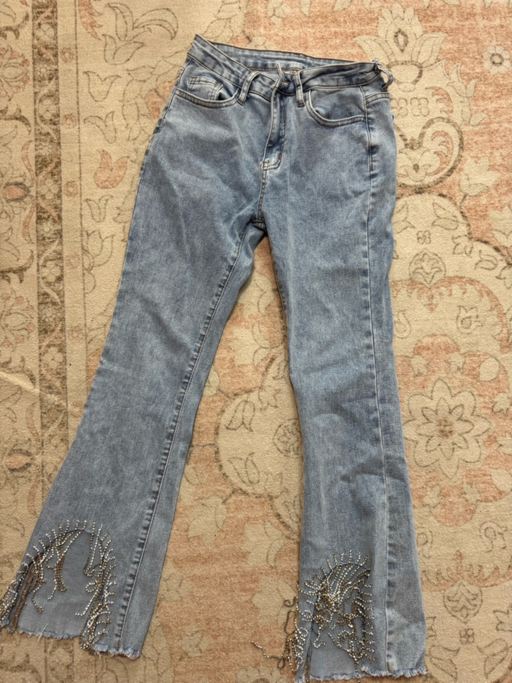 SHEIN Light Blue Embellished Flare Jeans